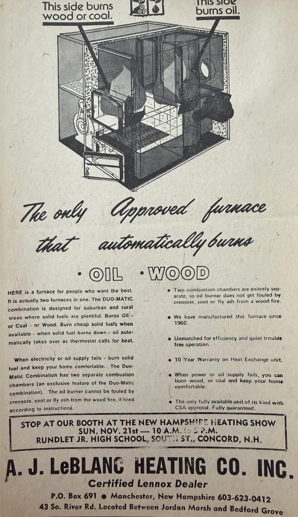 A.J. LeBlanc Heating newspaper advertisement from the 1970s