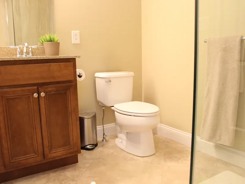 Two-piece toilet installed by A.J. LeBlanc Heating beside a wood vanity and glass shower in a Southern NH bathroom