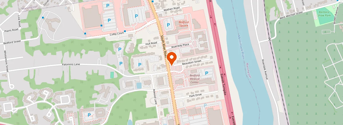 Map showing A.J. LeBlanc Heating at 45 South River Road in Bedford, New Hampshire