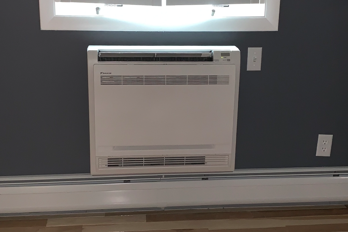 Daikin floor-mounted mini split indoor unit installation in Southern New Hampshire