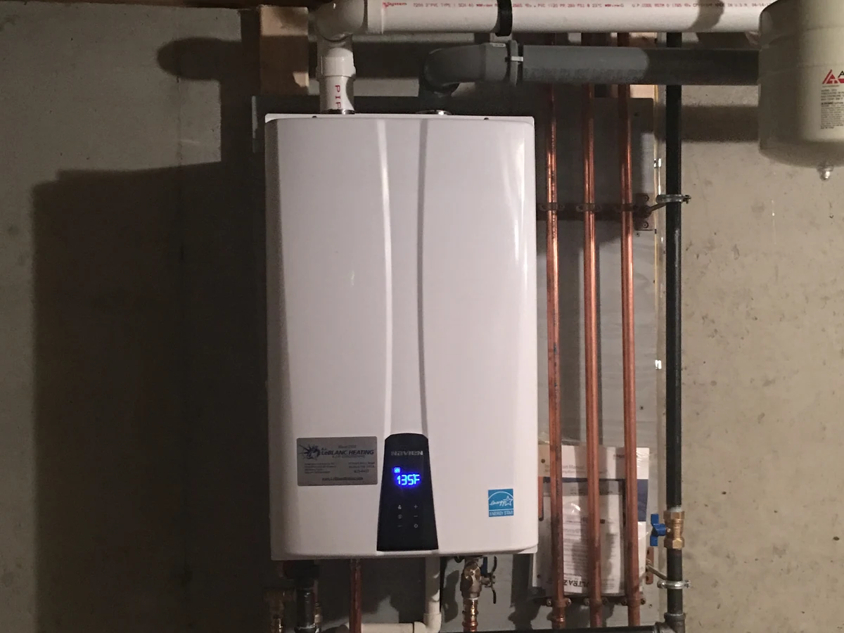 Navien wall-hung tankless water heater installed by A.J. LeBlanc Heating in a Southern NH home