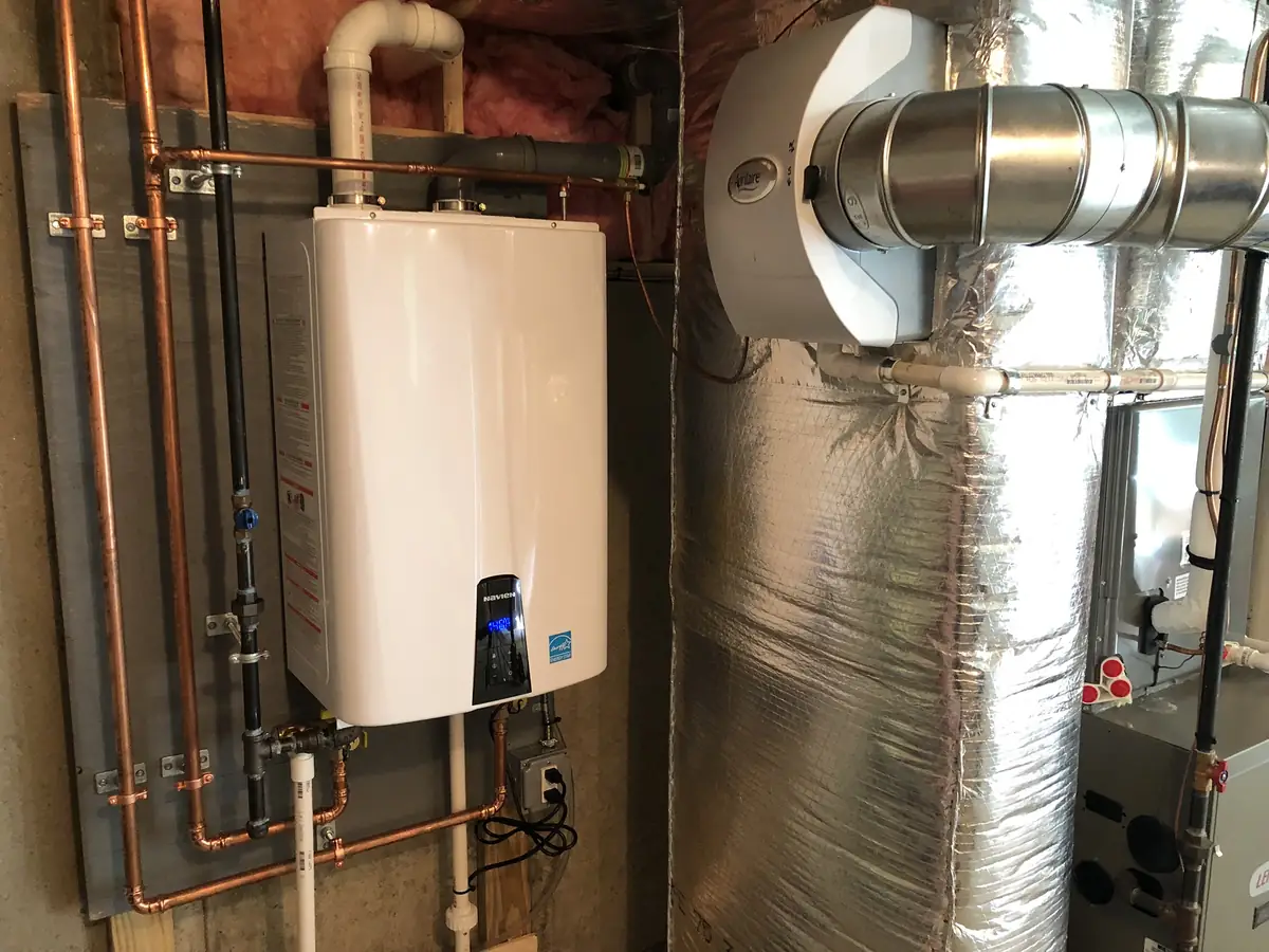Navien tankless water heater with air handler installation in Southern NH