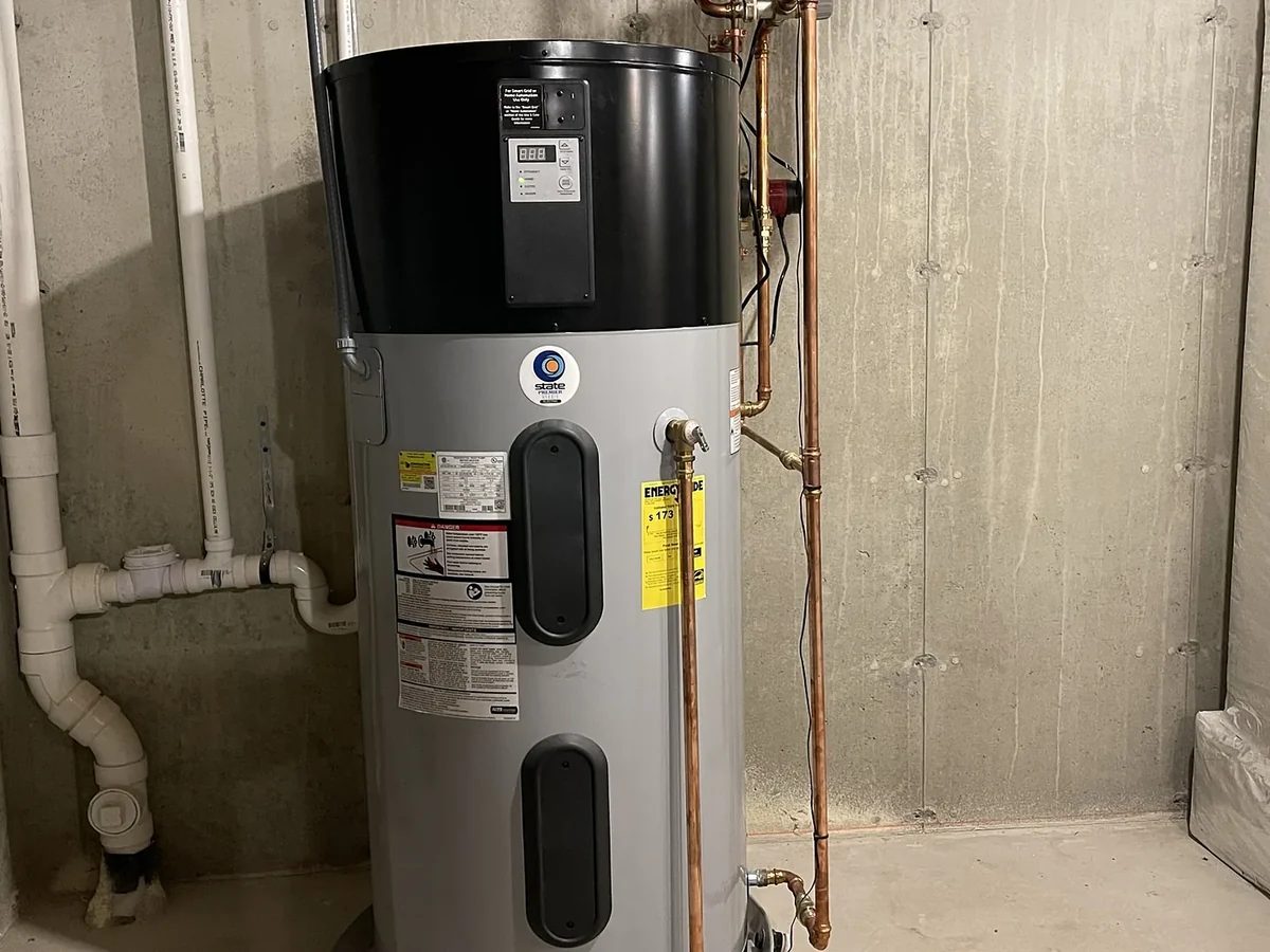State hybrid heat pump water heater installed by A.J. LeBlanc Heating in a Southern NH basement